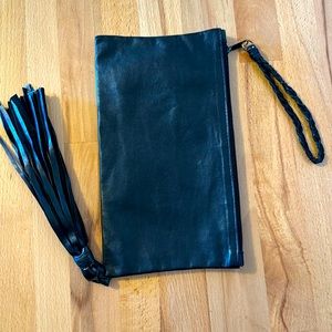 Vintage Black Leather Wristlet Tassel Clutch Cute Phone Bag Festival